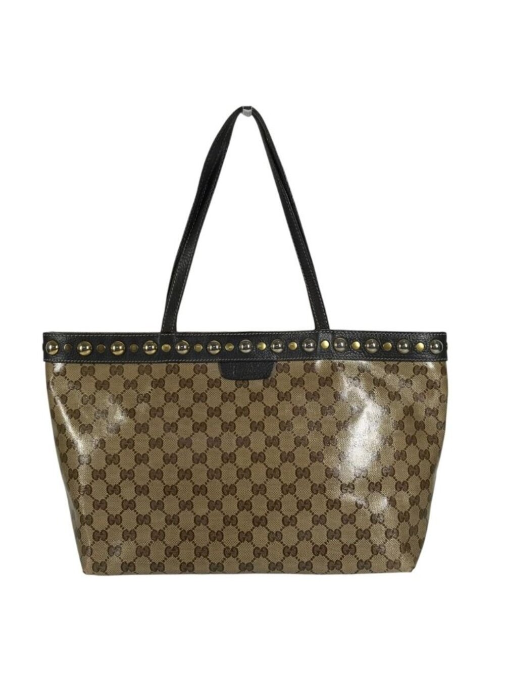 Gucci Shoulder Bag Logo Studs GG Crystal Leather Beige